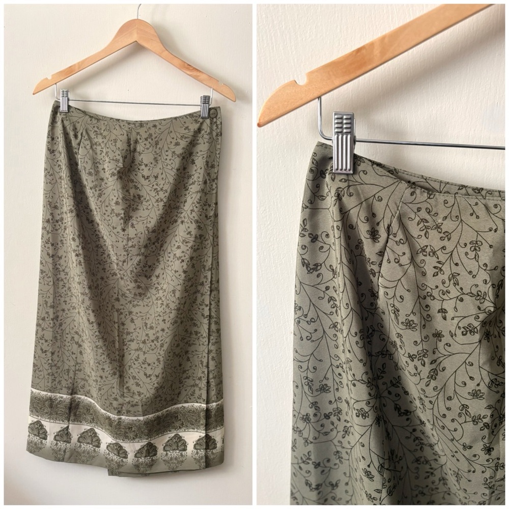 90s Vintage Whimsical Floral Fairy Green Lightweight‎ Wrap Paisley Midi Skirt
